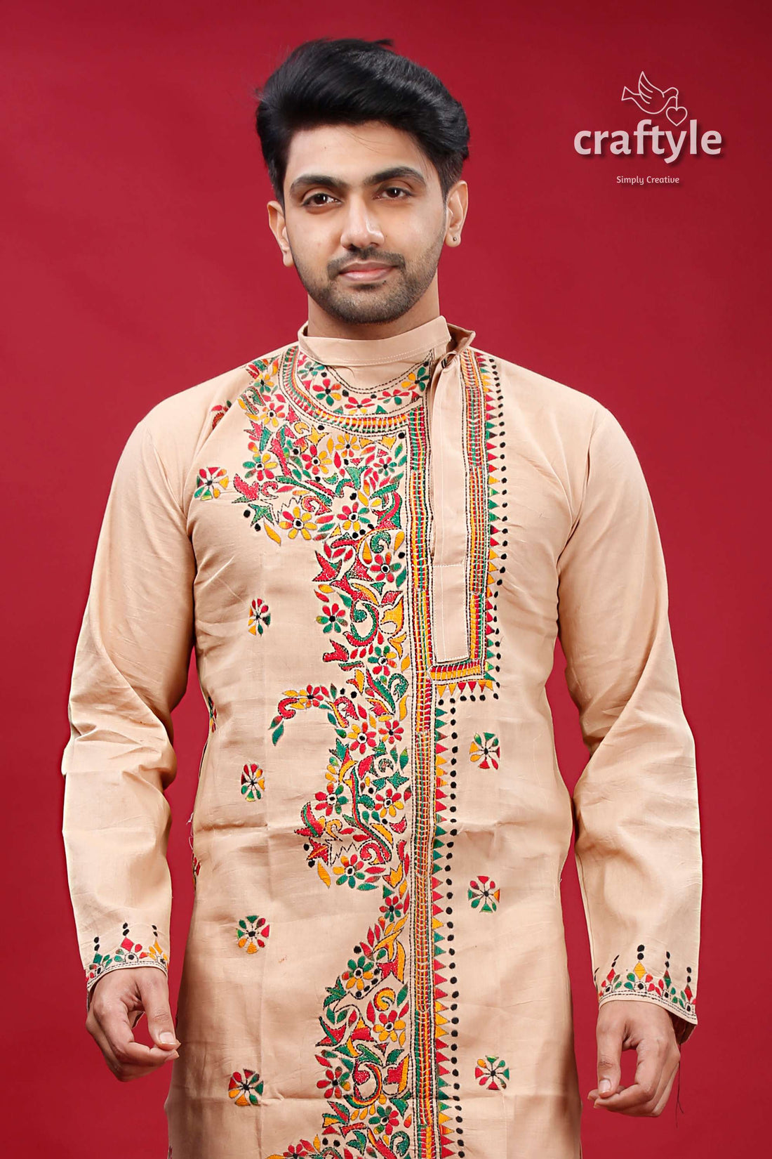 Rodeo Dust Multithread Kantha Stitched Cotton Mens Kurta - Craftyle