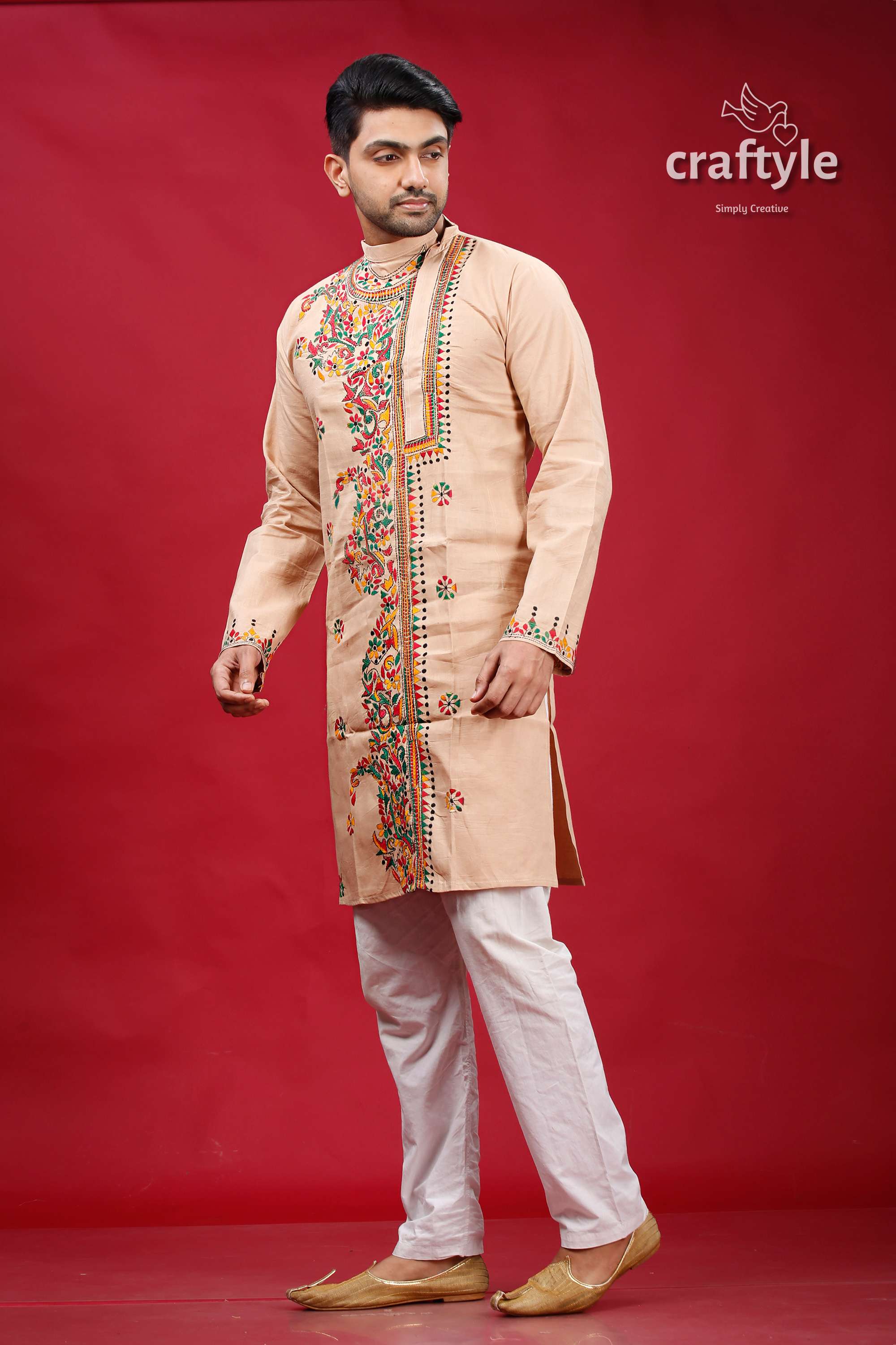 Rodeo Dust Multithread Kantha Stitched Cotton Mens Kurta - Craftyle