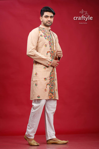 Rodeo Dust Multithread Kantha Stitched Cotton Mens Kurta - Craftyle