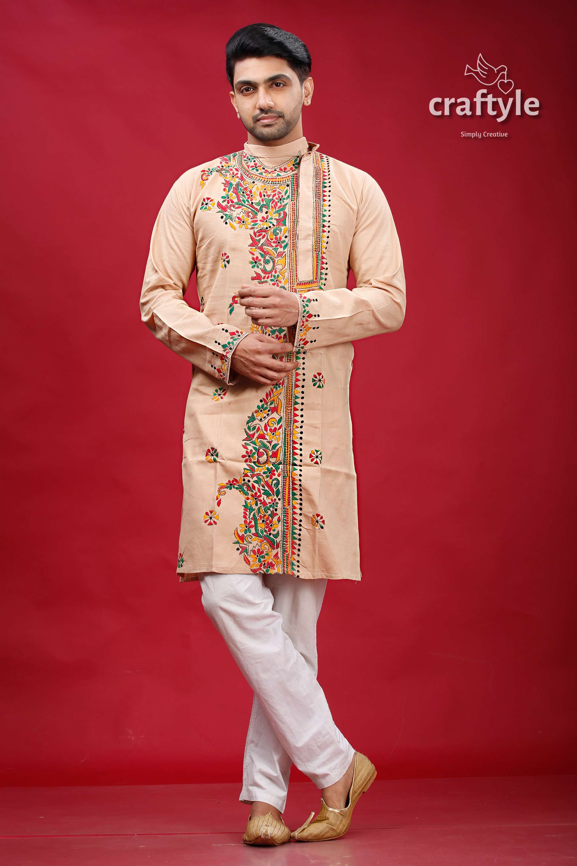 Rodeo Dust Multithread Kantha Stitched Cotton Mens Kurta - Craftyle