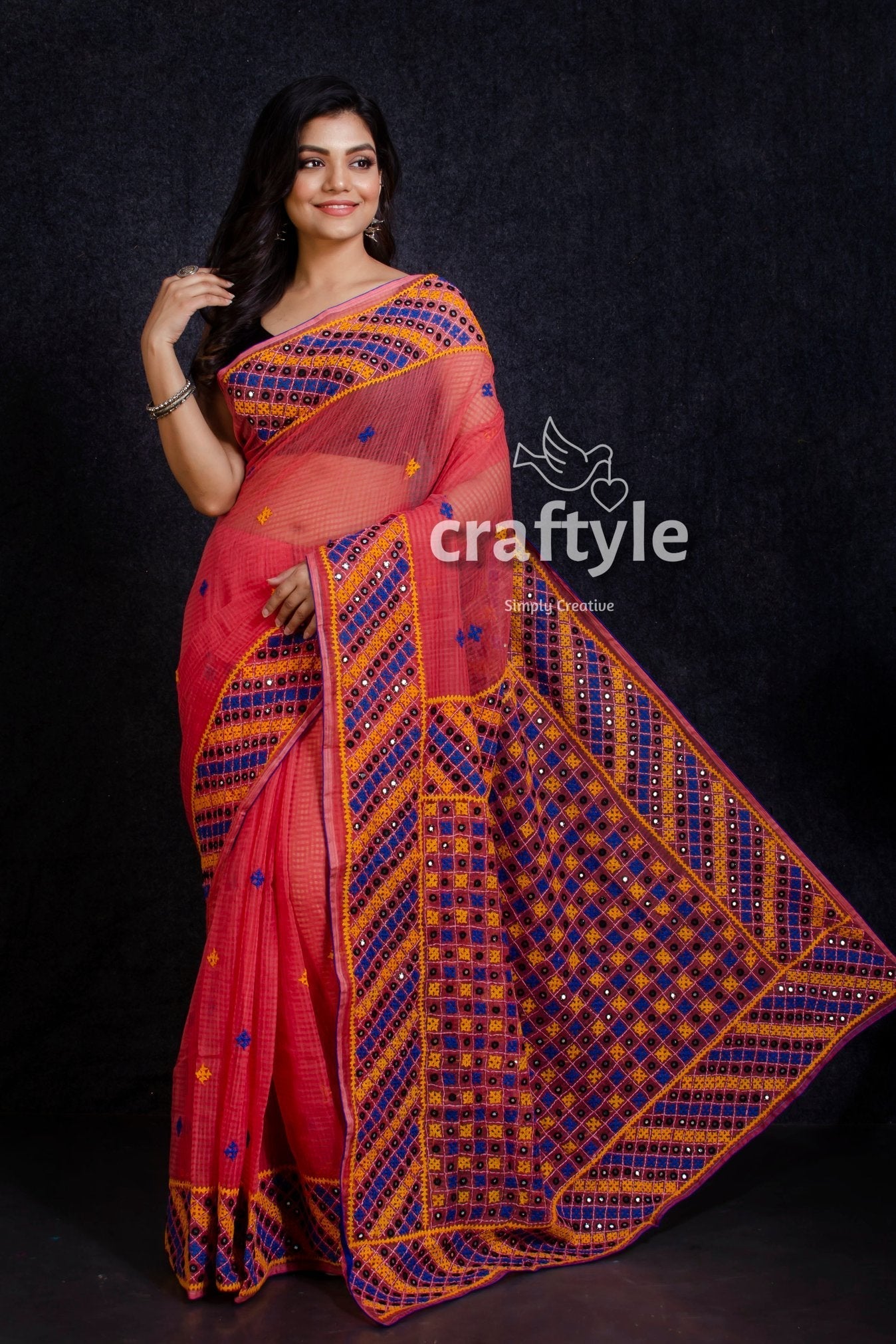 Rose Red Kutch Embroidery Resham Kota Saree-Craftyle