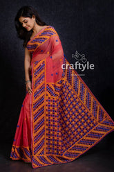 Rose Red Kutch Embroidery Resham Kota Saree-Craftyle