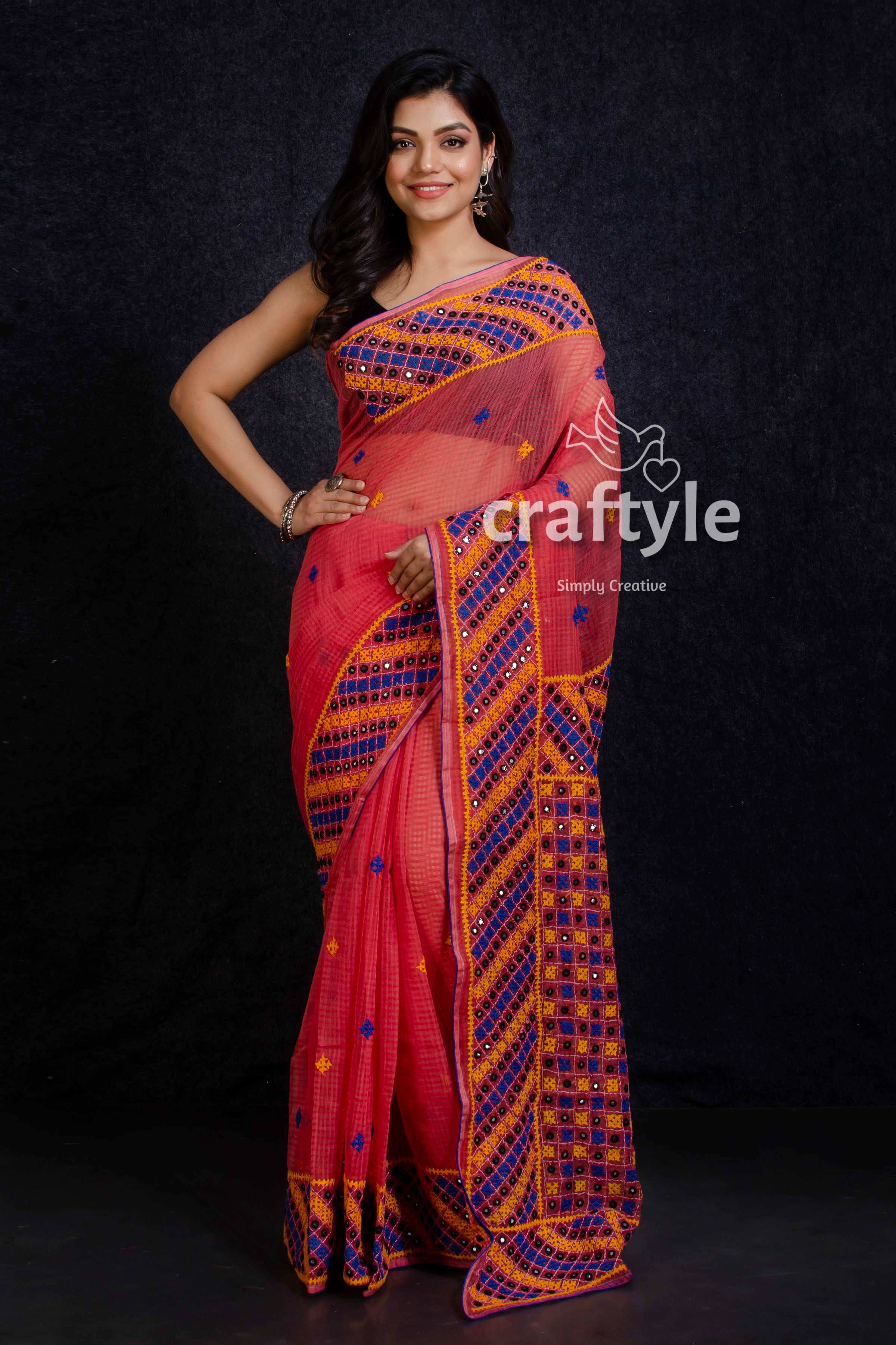 Rose Red Kutch Embroidery Resham Kota Saree-Craftyle