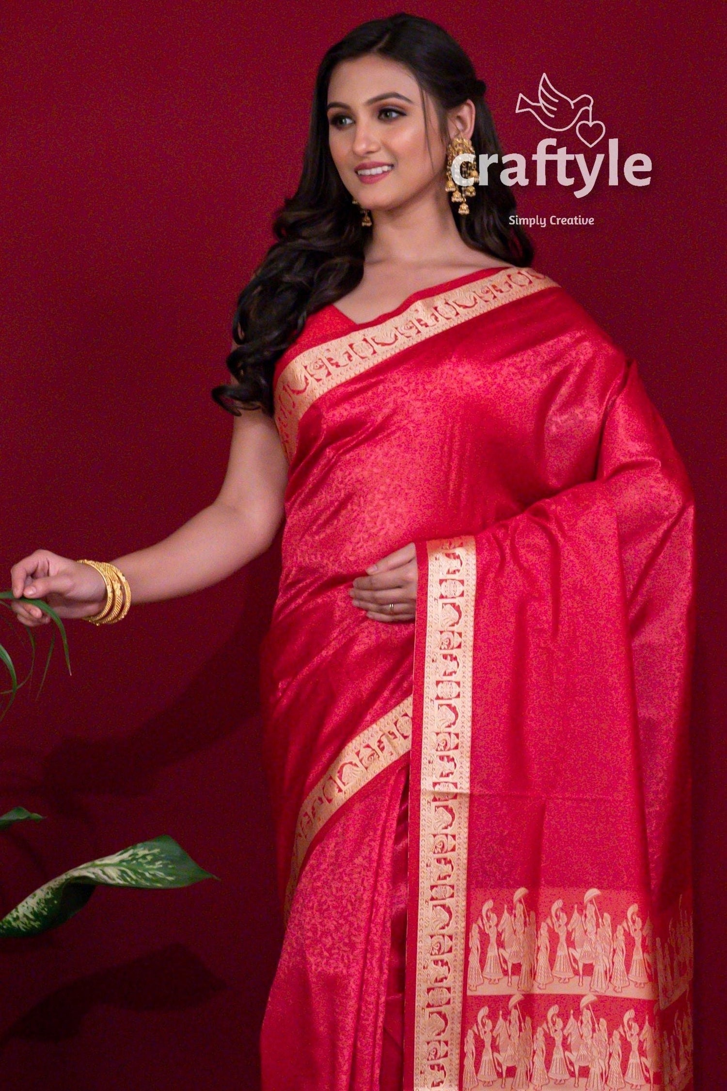 Rose Red Traditional Baluchari Silk Saree for Women - Craftyle