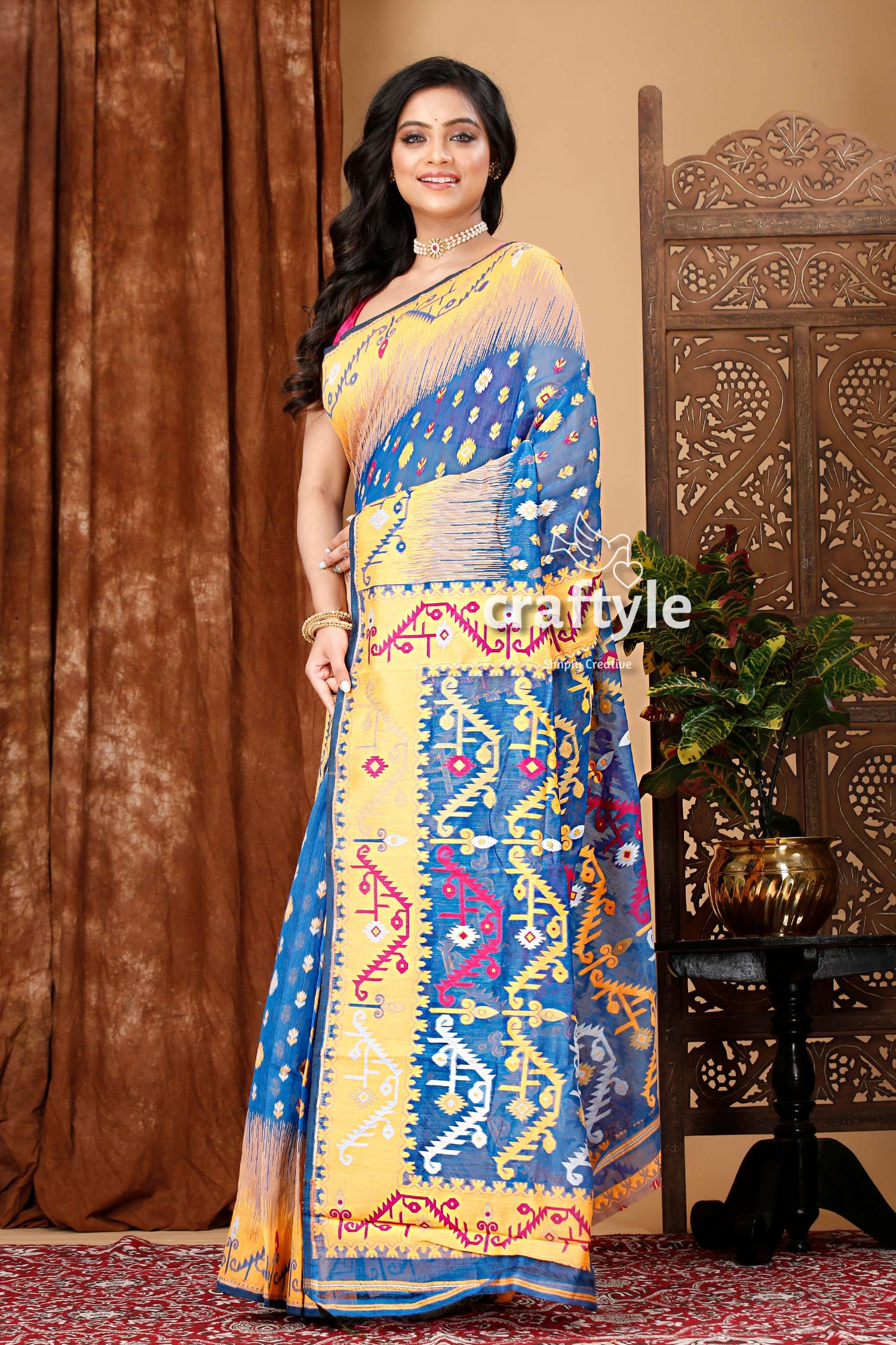 Royal Blue and Orange Classic Jamdani Saree for Women - Craftyle