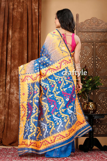 Royal Blue and Orange Classic Jamdani Saree for Women - Craftyle