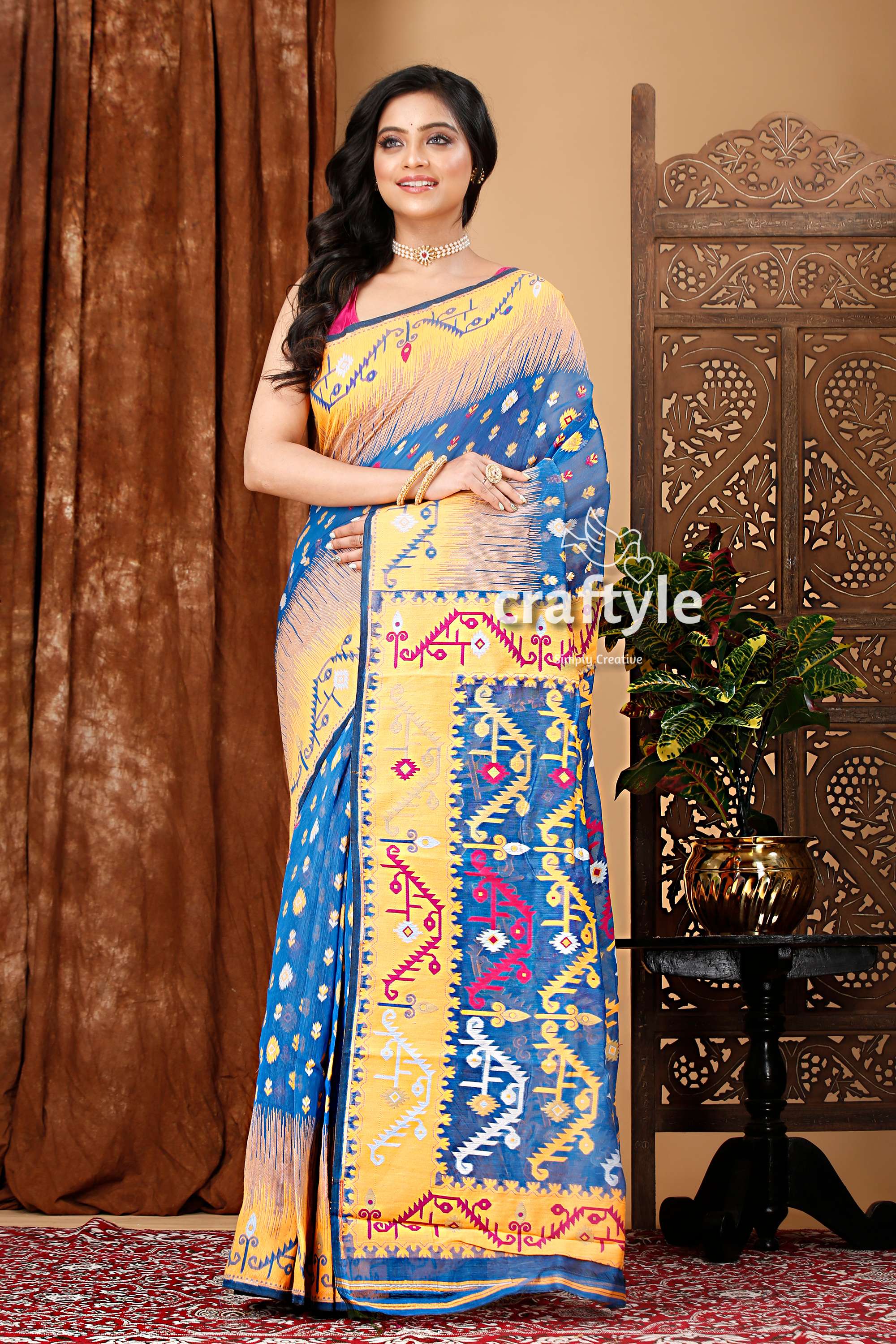 Royal Blue and Orange Classic Jamdani Saree for Women - Craftyle