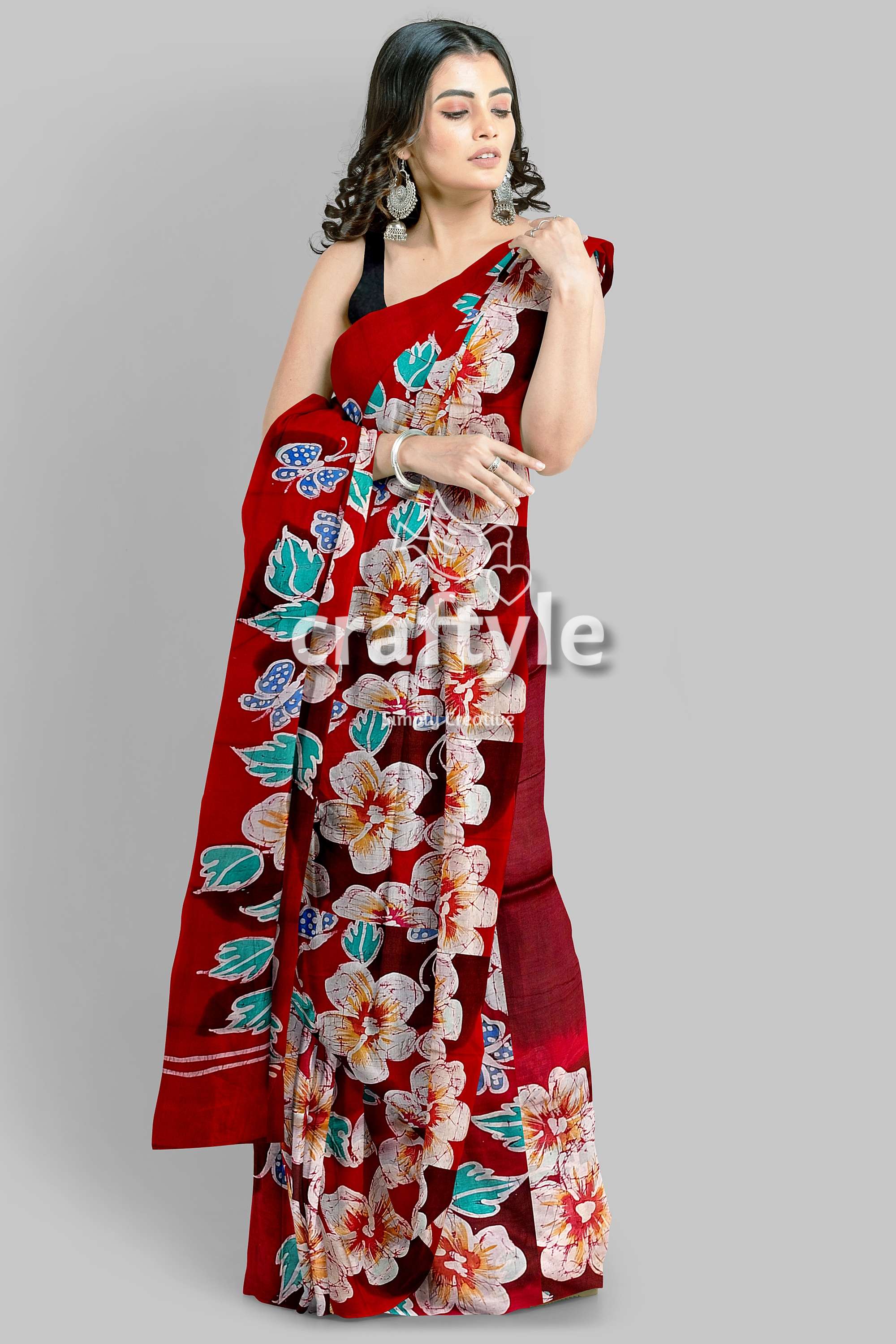 Ruby Red Floral Hand Batik Pure Mulberry Silk Saree - Craftyle