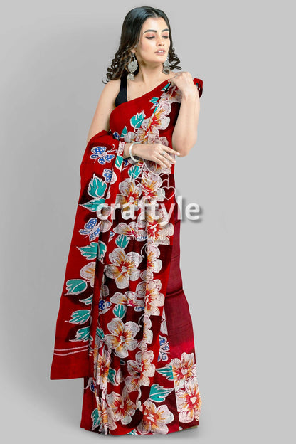 Ruby Red Floral Hand Batik Pure Mulberry Silk Saree - Craftyle