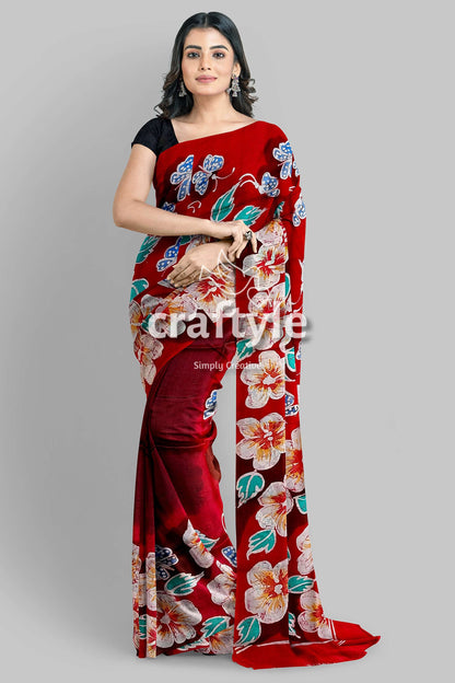 Ruby Red Floral Hand Batik Pure Mulberry Silk Saree - Craftyle