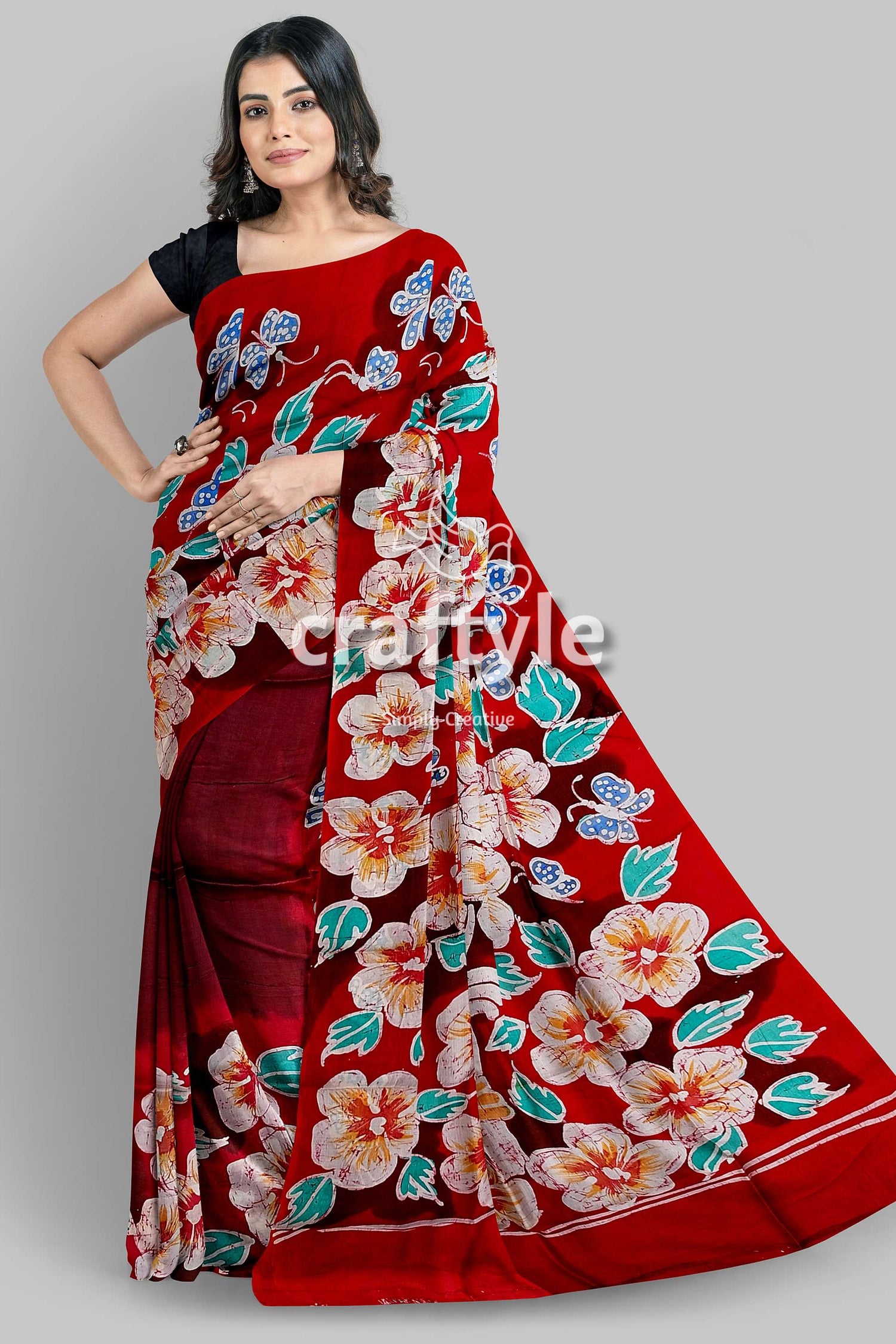 Ruby Red Floral Hand Batik Pure Mulberry Silk Saree - Craftyle