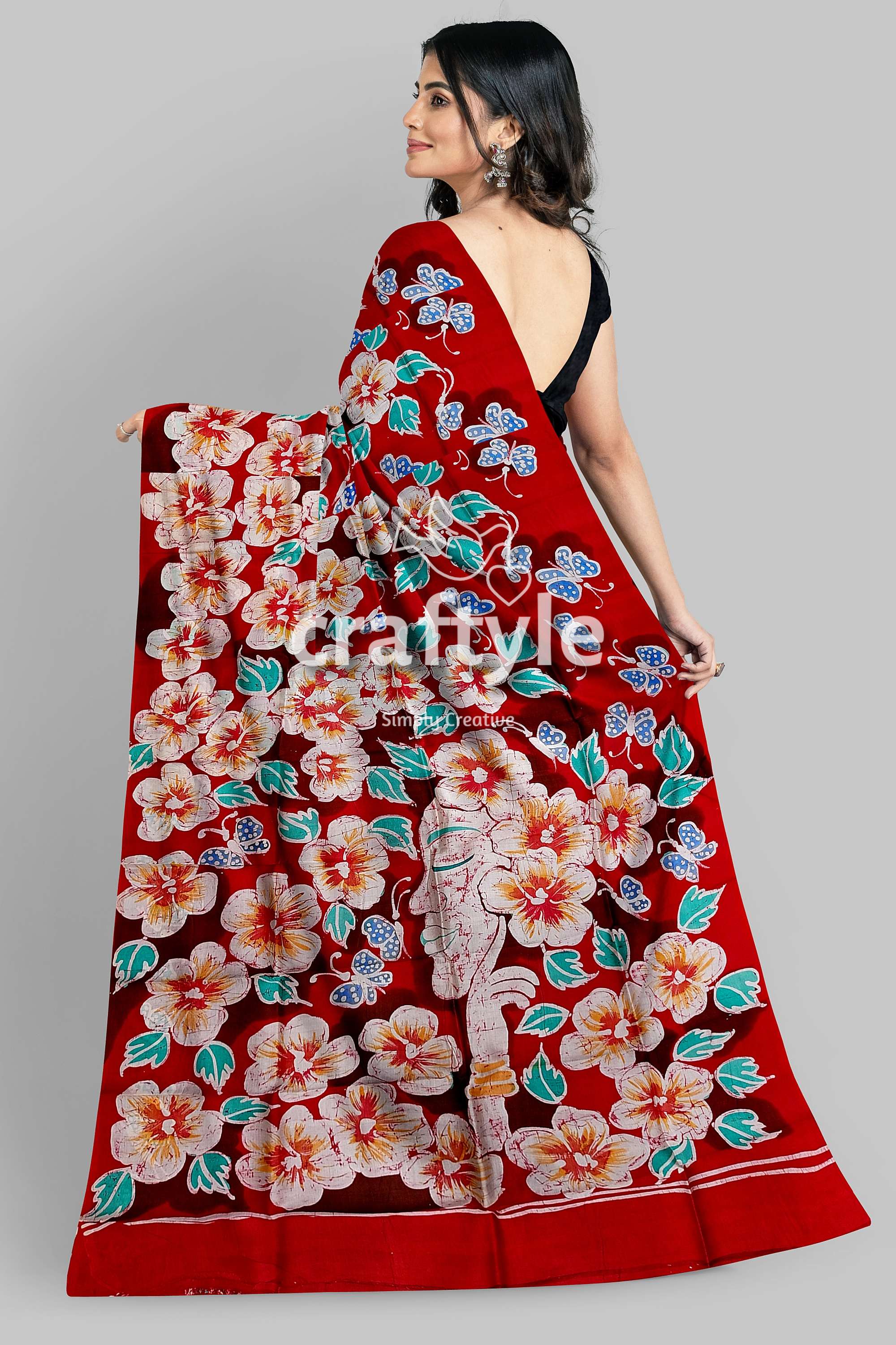 Ruby Red Floral Hand Batik Pure Mulberry Silk Saree - Craftyle