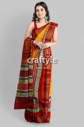 Saffron Yellow Pure Tussar Silk Saree with Hand Block Print and Zari Border - Craftyle