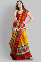 Saffron Yellow Pure Tussar Silk Saree with Hand Block Print and Zari Border - Craftyle