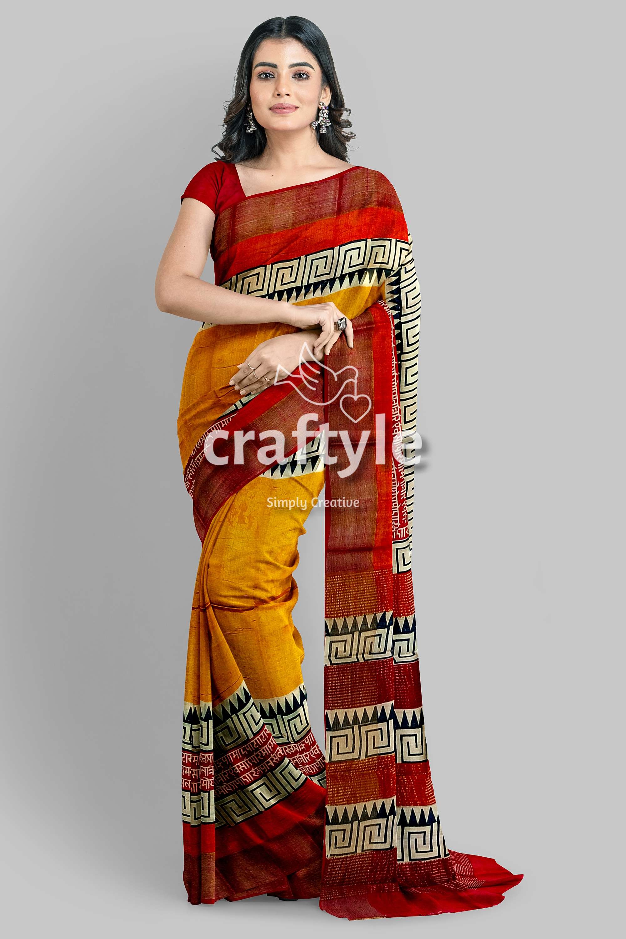 Saffron Yellow Pure Tussar Silk Saree with Hand Block Print and Zari Border - Craftyle