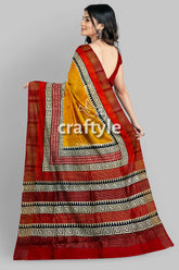 Saffron Yellow Pure Tussar Silk Saree with Hand Block Print and Zari Border - Craftyle