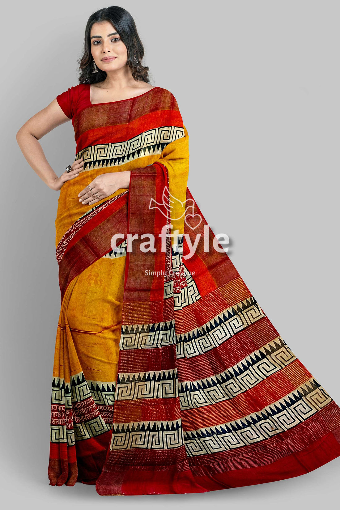 Saffron Yellow Pure Tussar Silk Saree with Hand Block Print and Zari Border - Craftyle