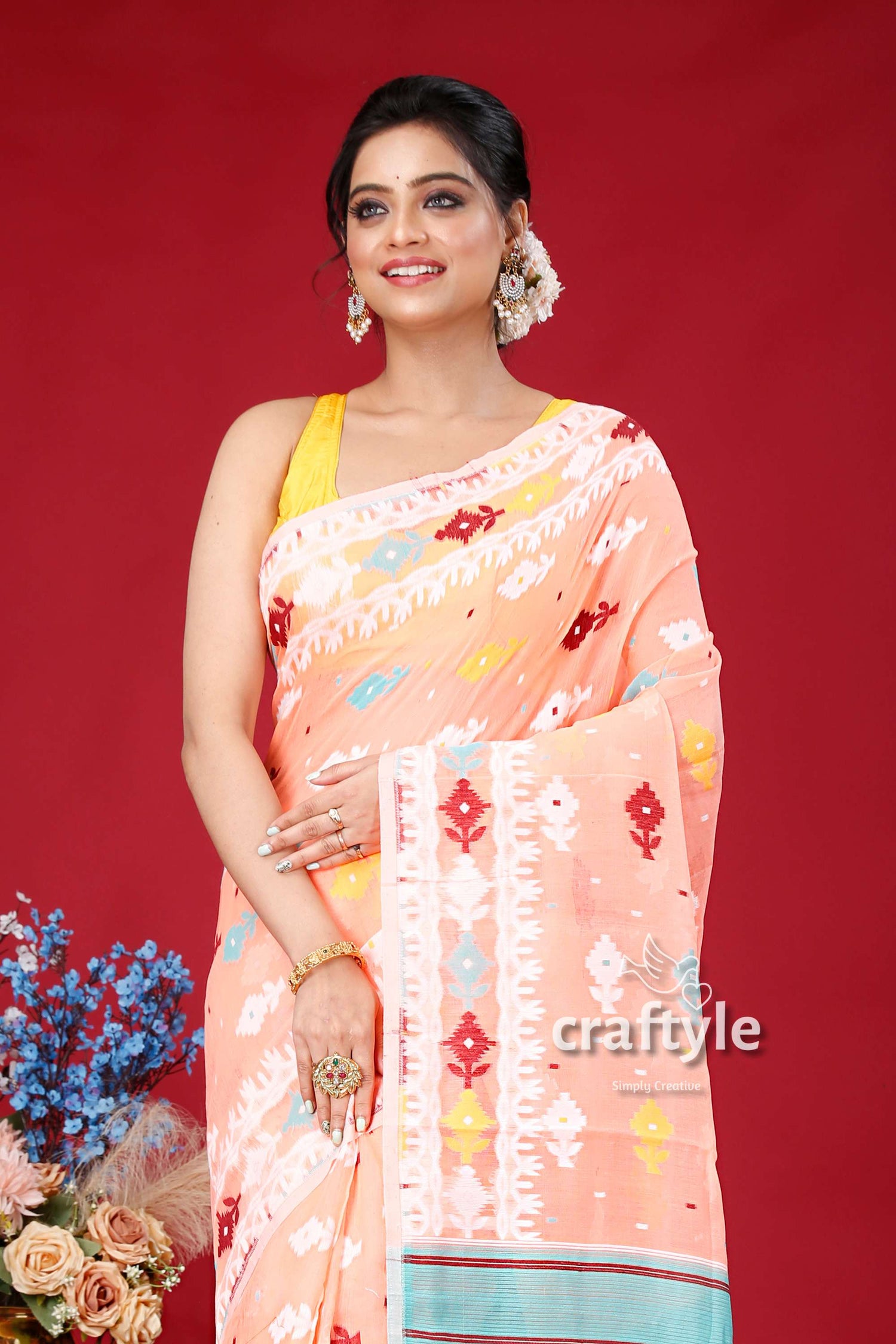 Salmon Pink Multicolor Soft Dhakai Jamdani Saree - Craftyle