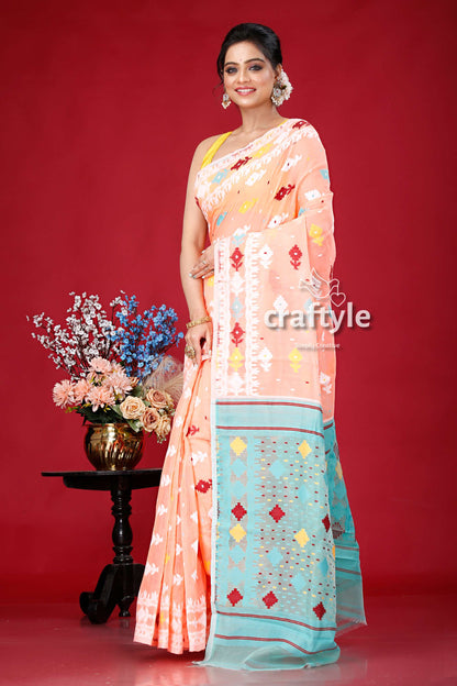 Salmon Pink Multicolor Soft Dhakai Jamdani Saree - Craftyle