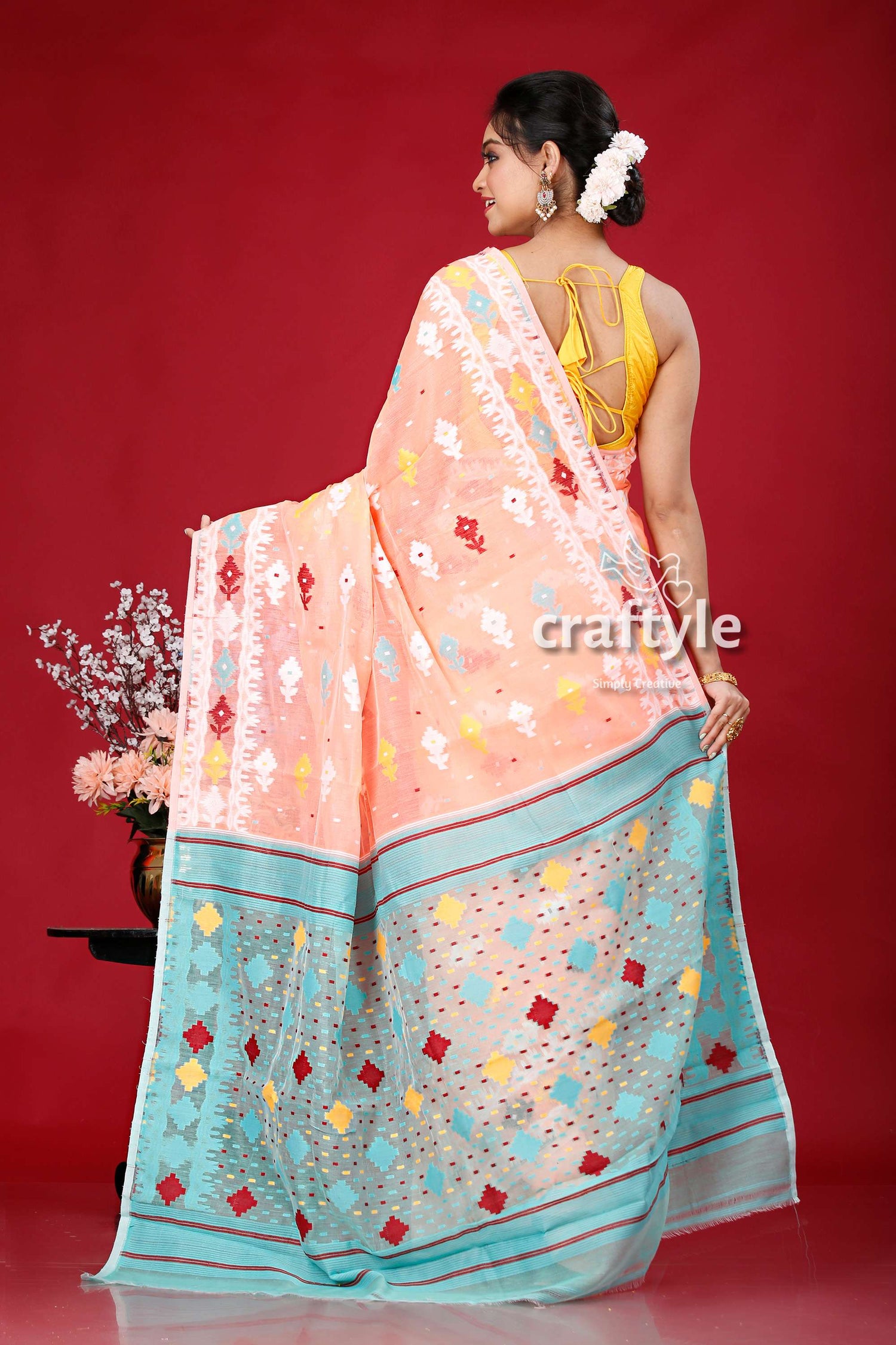 Salmon Pink Multicolor Soft Dhakai Jamdani Saree - Craftyle