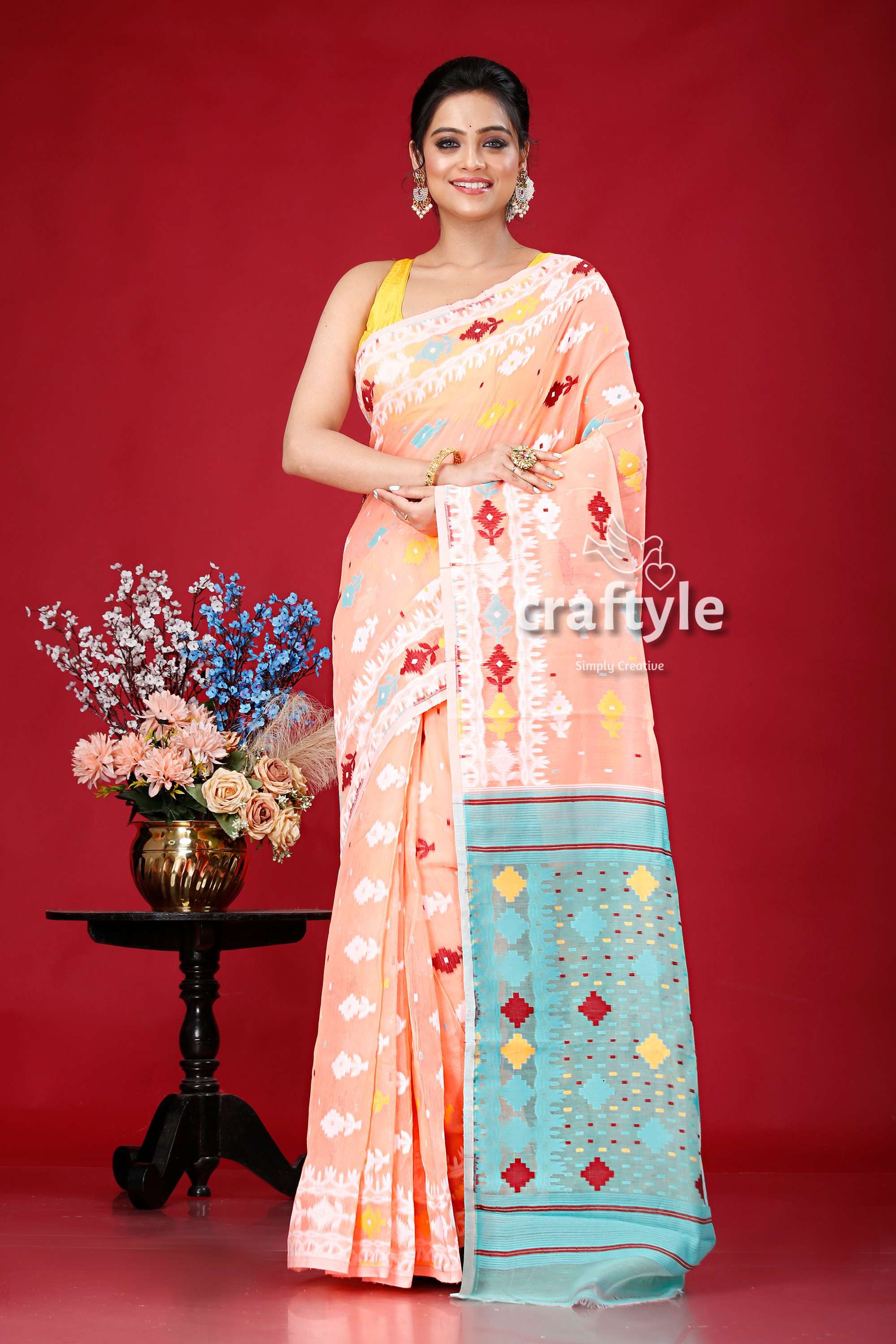 Salmon Pink Multicolor Soft Dhakai Jamdani Saree - Craftyle