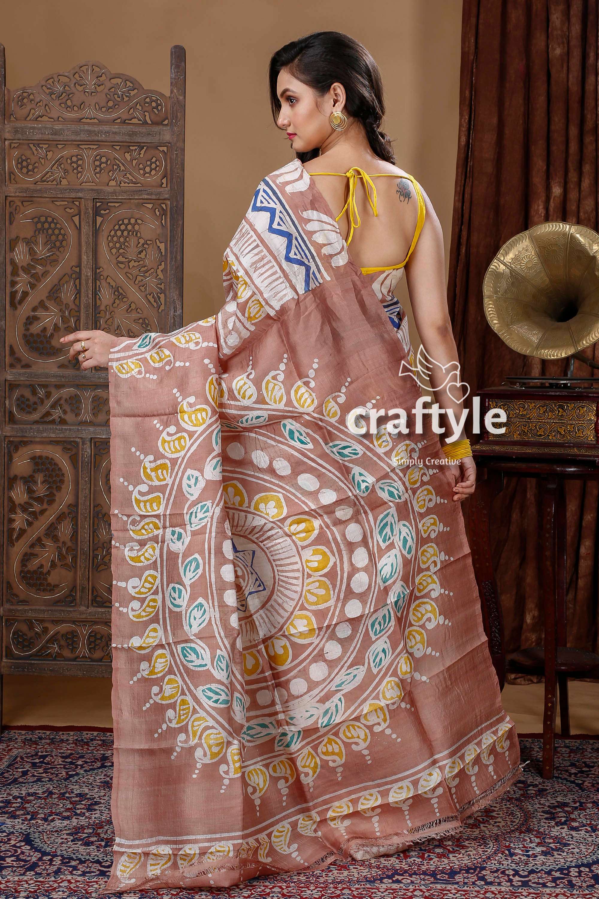 Sandalwood Ethnic Motif Hand Batik Pure Mulberry Silk Saree - Craftyle