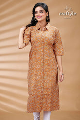 Sandy Brown Cotton Ajrakh Printed Straight Kurti With Collar - Craftyle