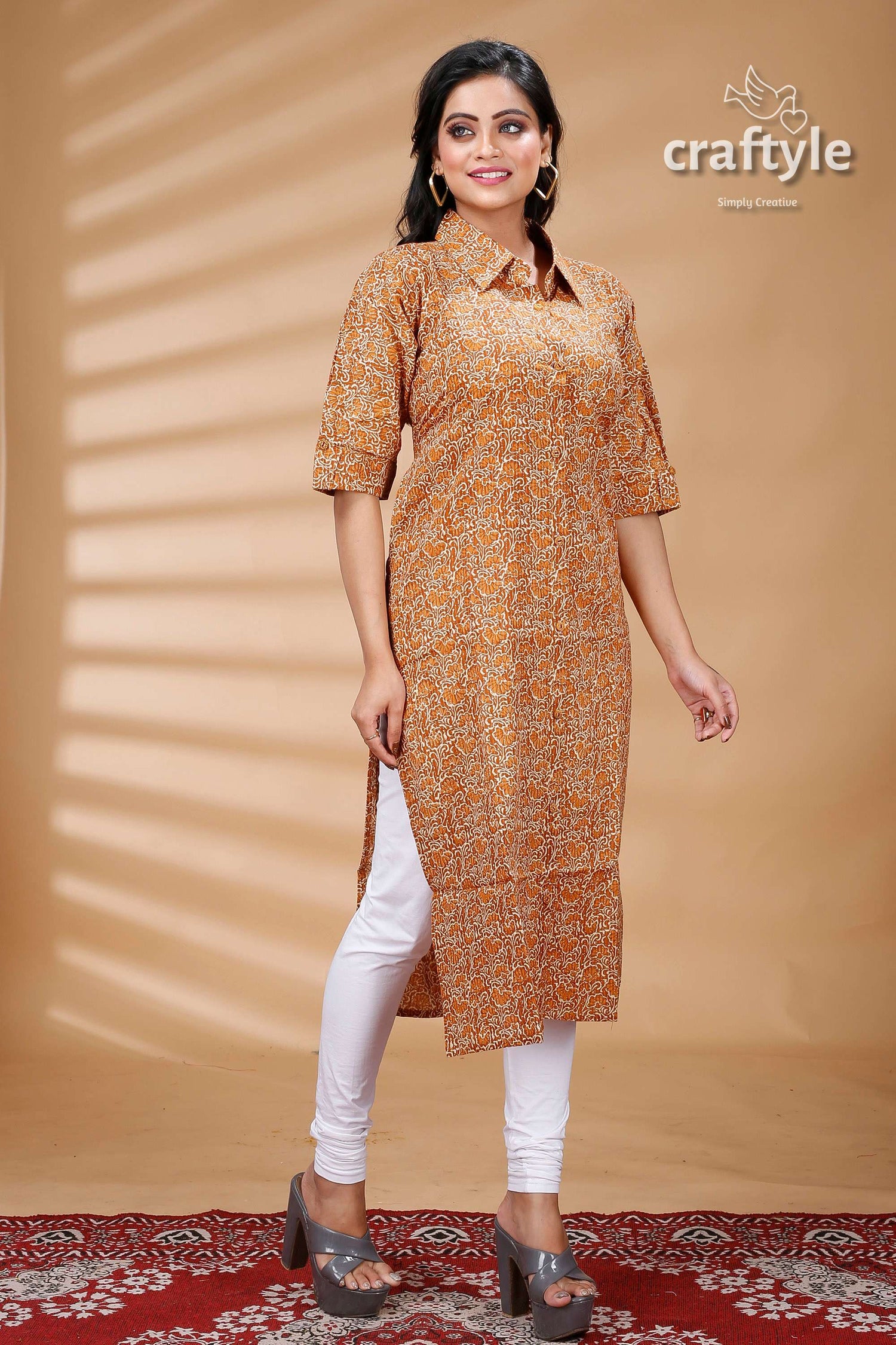 Sandy Brown Cotton Ajrakh Printed Straight Kurti With Collar - Craftyle