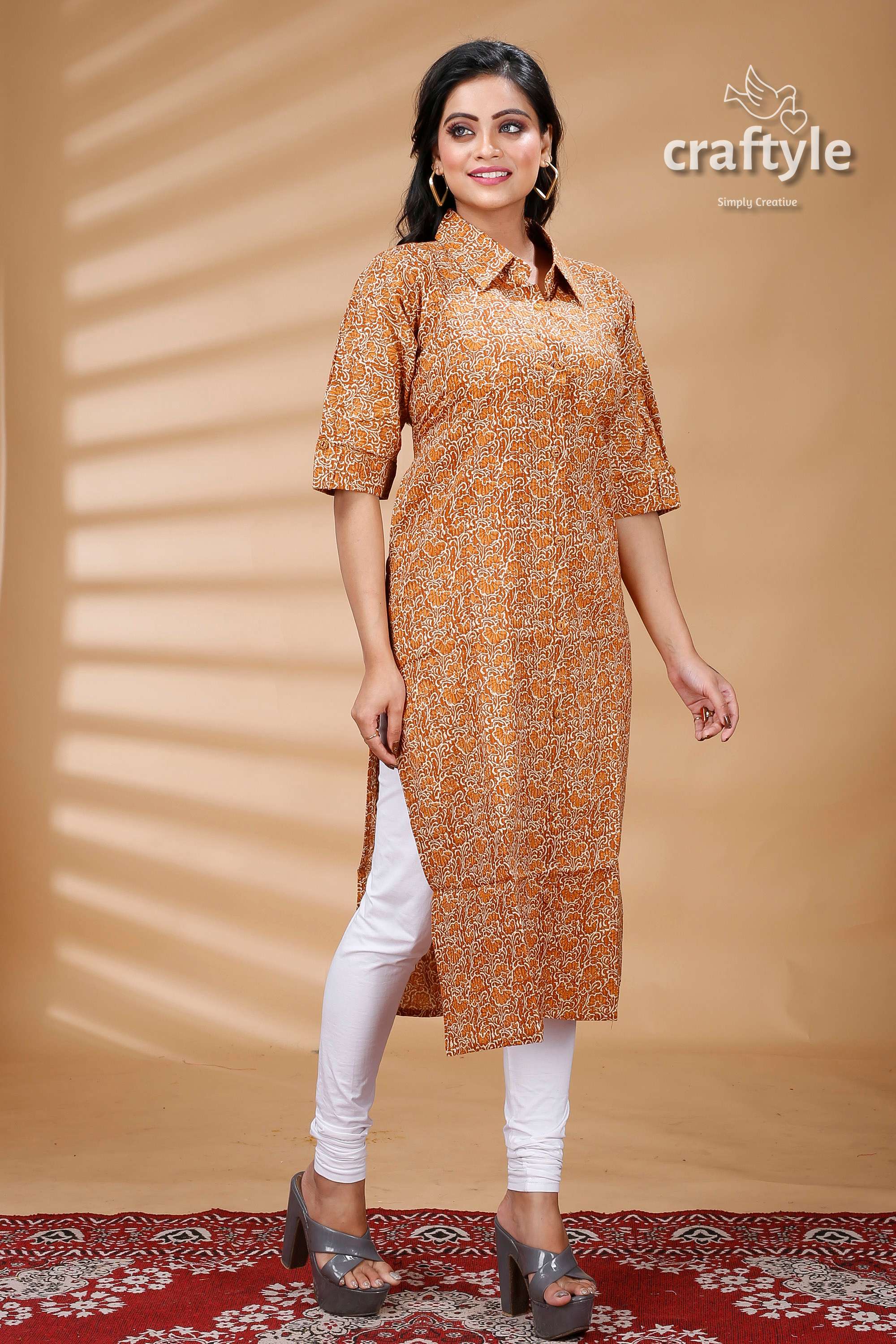 Sandy Brown Cotton Ajrakh Printed Straight Kurti With Collar - Craftyle