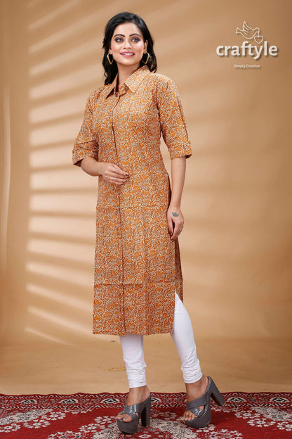 Sandy Brown Cotton Ajrakh Printed Straight Kurti With Collar - Craftyle