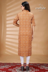 Sandy Brown Cotton Ajrakh Printed Straight Kurti With Collar - Craftyle