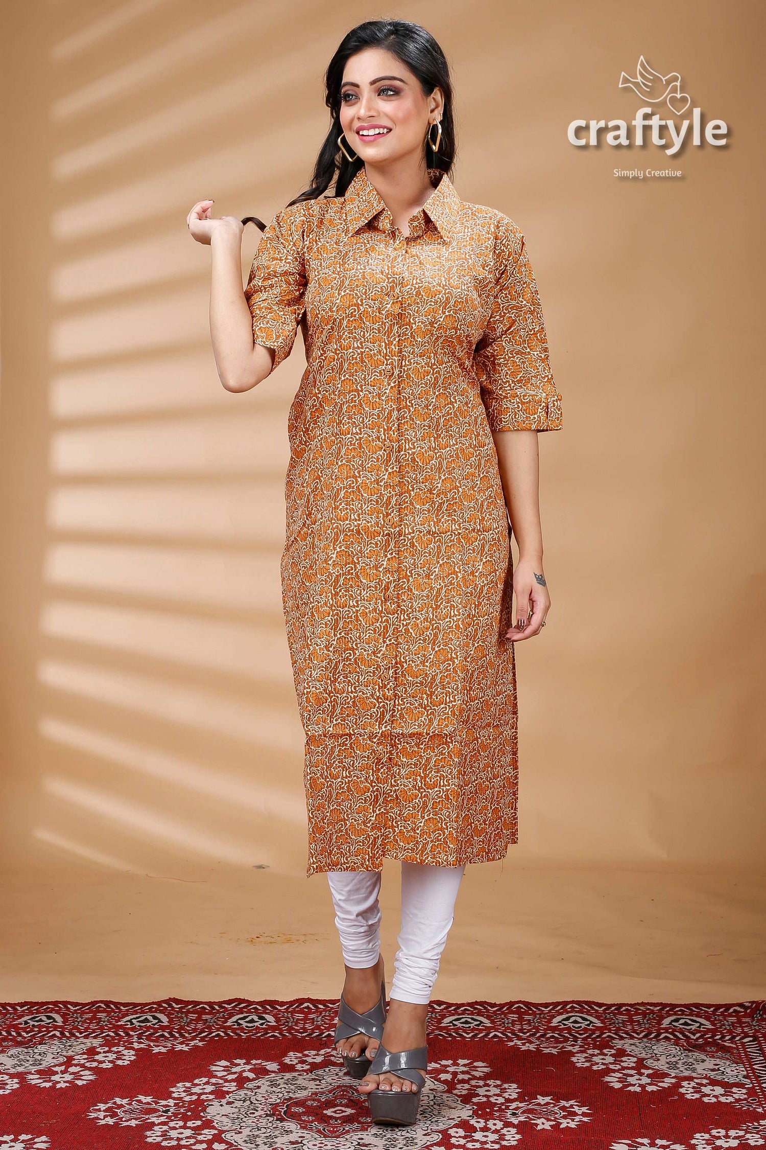 Sandy Brown Cotton Ajrakh Printed Straight Kurti With Collar - Craftyle