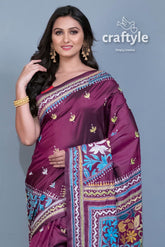 Sangria Purple Blended Bangalore Silk Kantha Work Saree-Craftyle