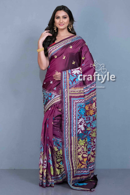 Sangria Purple Blended Bangalore Silk Kantha Work Saree-Craftyle