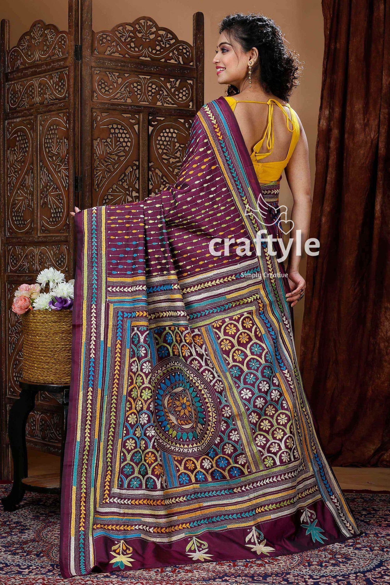 Sangria Purple Exclusive Kantha Silk Saree-Craftyle