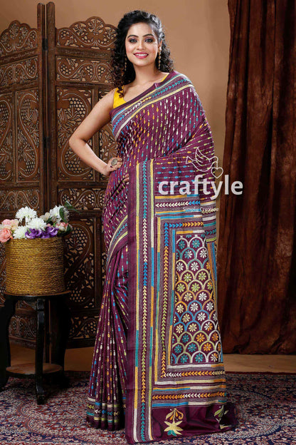 Sangria Purple Exclusive Kantha Silk Saree-Craftyle