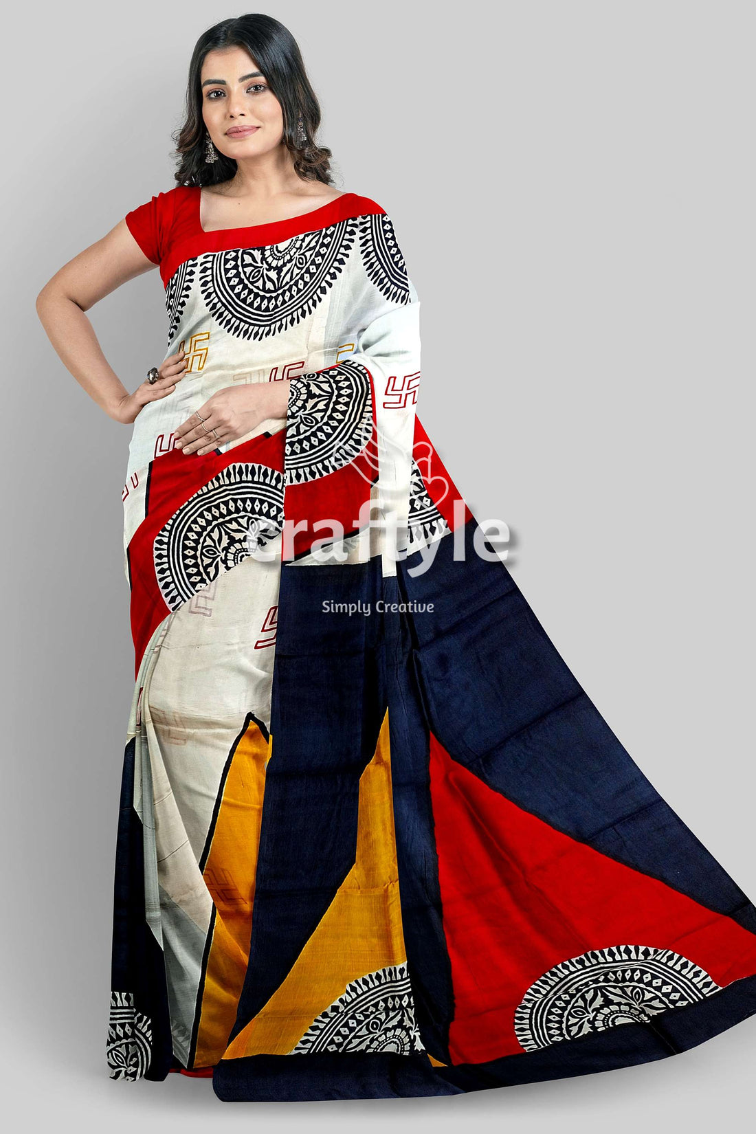 Scarlet Red Black Hand Block Print Mulberry Silk Saree - Pure Silk Saree for Women - Craftyle