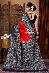 Scarlet Red & Black Pure Mulberry Silk Hand Block Saree - Craftyle