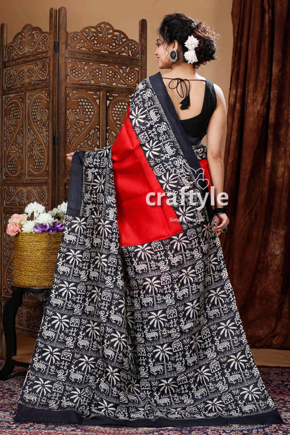 Scarlet Red &amp; Black Pure Mulberry Silk Hand Block Saree - Craftyle