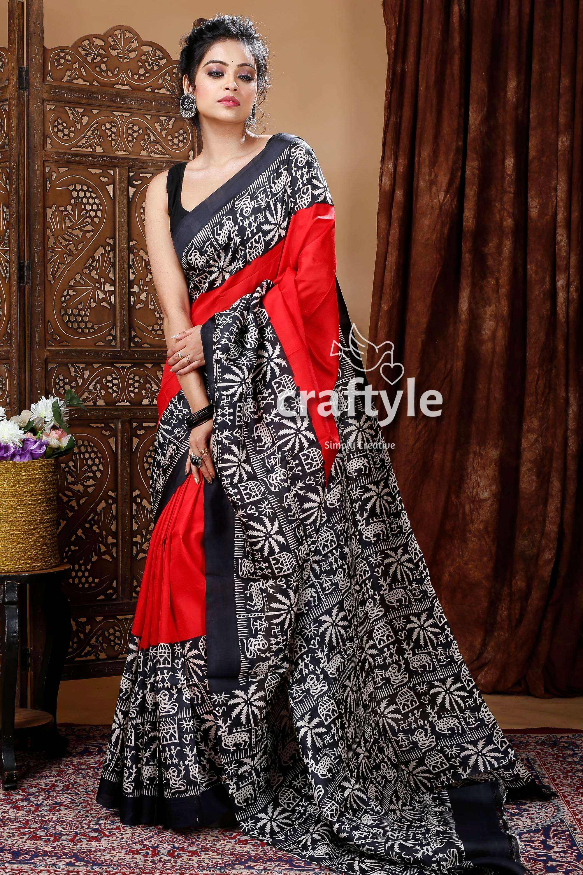 Scarlet Red &amp; Black Pure Mulberry Silk Hand Block Saree - Craftyle