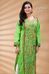 Screamin Green Warli Pattern Kantha Embroidered Cotton Kurti - Craftyle