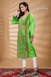 Screamin Green Warli Pattern Kantha Embroidered Cotton Kurti - Craftyle