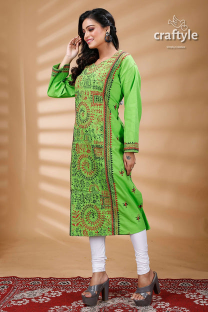 Screamin Green Warli Pattern Kantha Embroidered Cotton Kurti - Craftyle