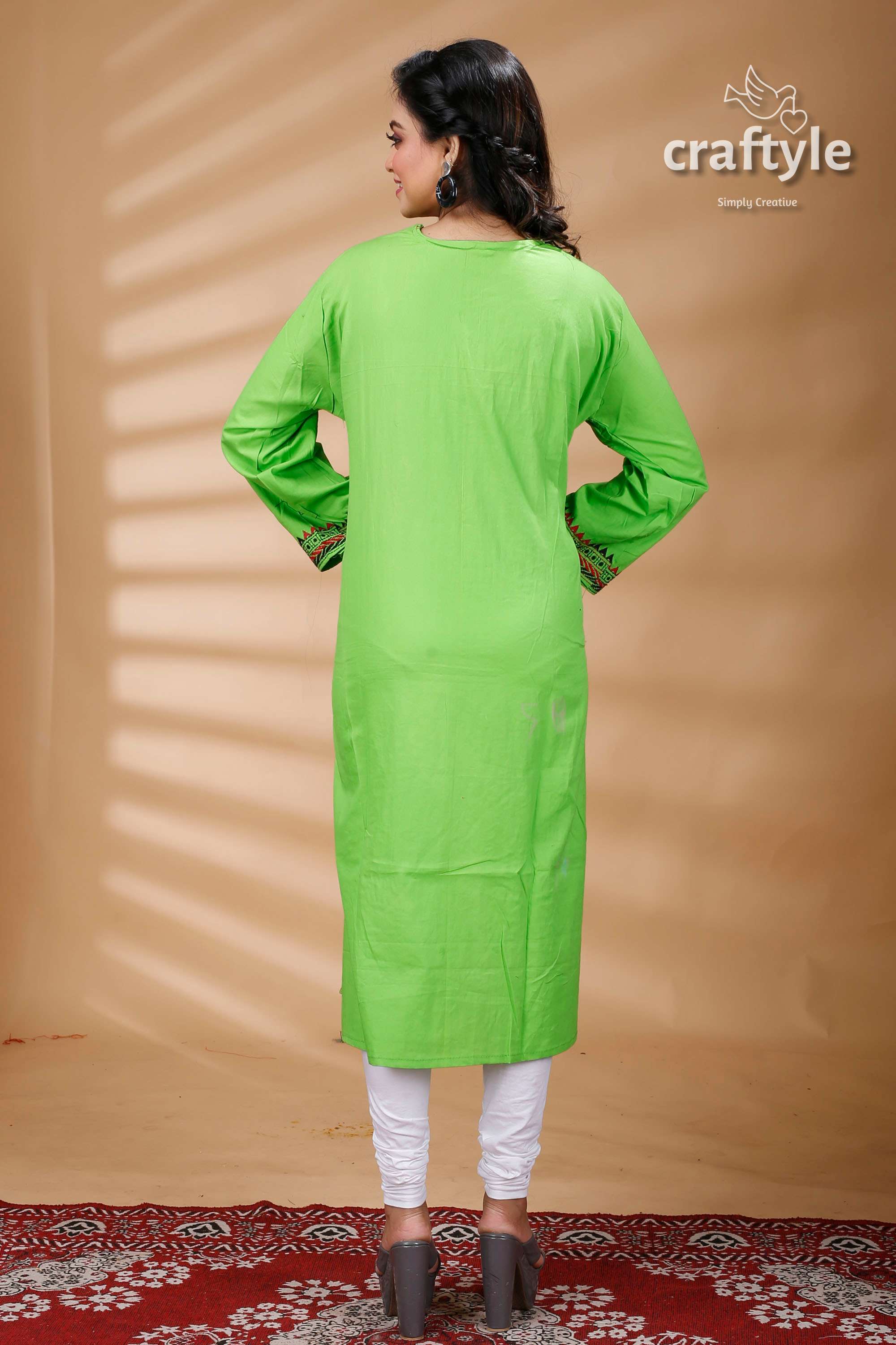 Screamin Green Warli Pattern Kantha Embroidered Cotton Kurti - Craftyle