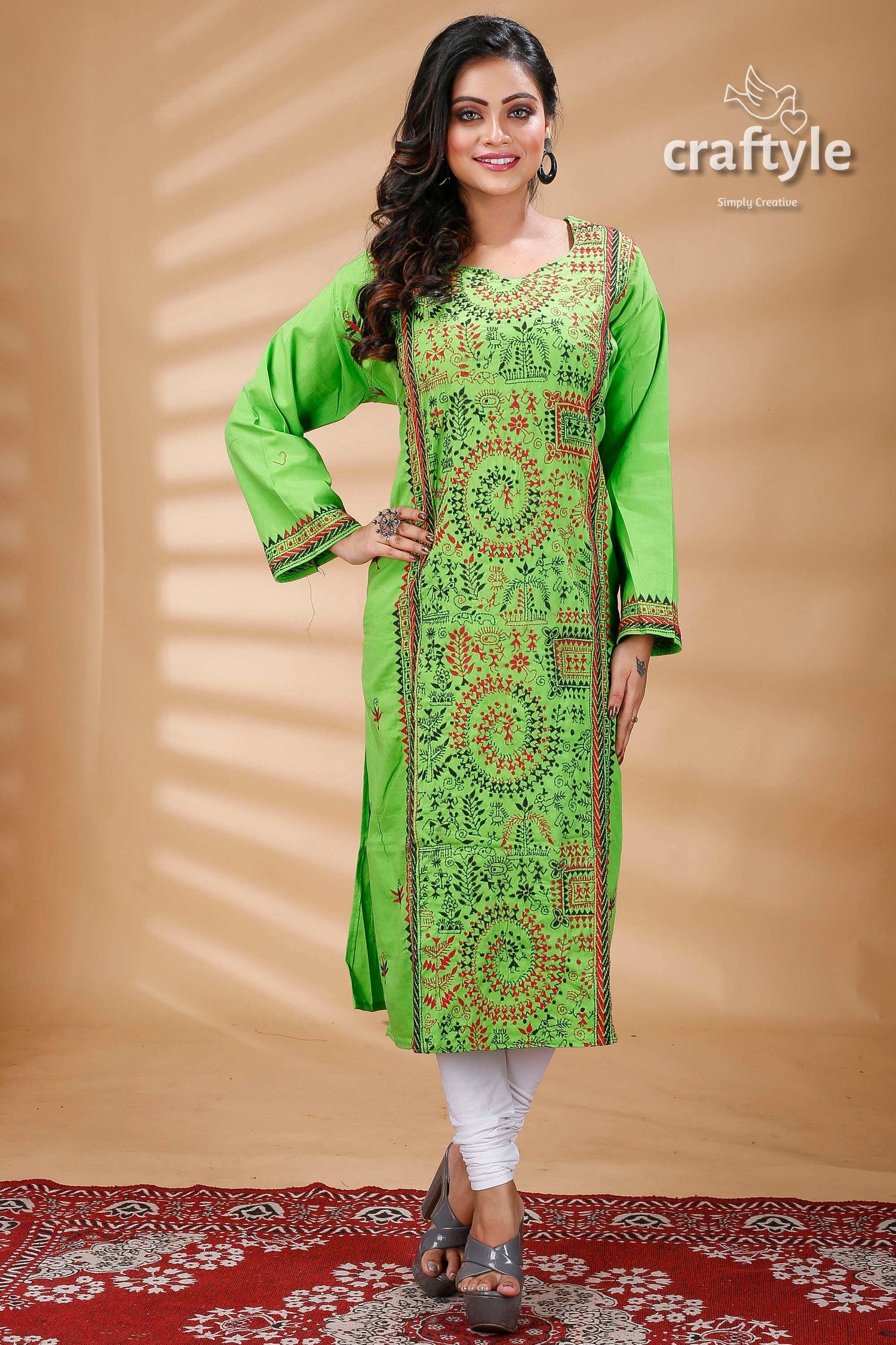 Screamin Green Warli Pattern Kantha Embroidered Cotton Kurti - Craftyle