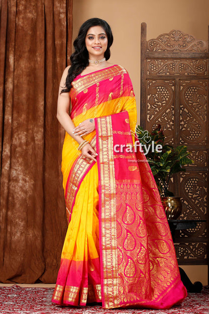 Selective Yellow and Magenta Kanjivaram Silk Saree - Craftyle