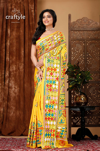 Selective Yellow Multithread Silk Kantha Stitch Saree - Craftyle