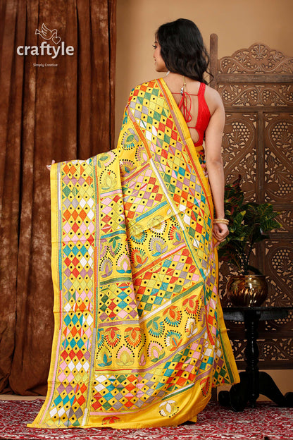 Selective Yellow Multithread Silk Kantha Stitch Saree - Craftyle