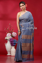 Shadow Blue Bhagalpuri Silk Saree with Golden Zari Weaving - Soft Ghicha Saree - Craftyle