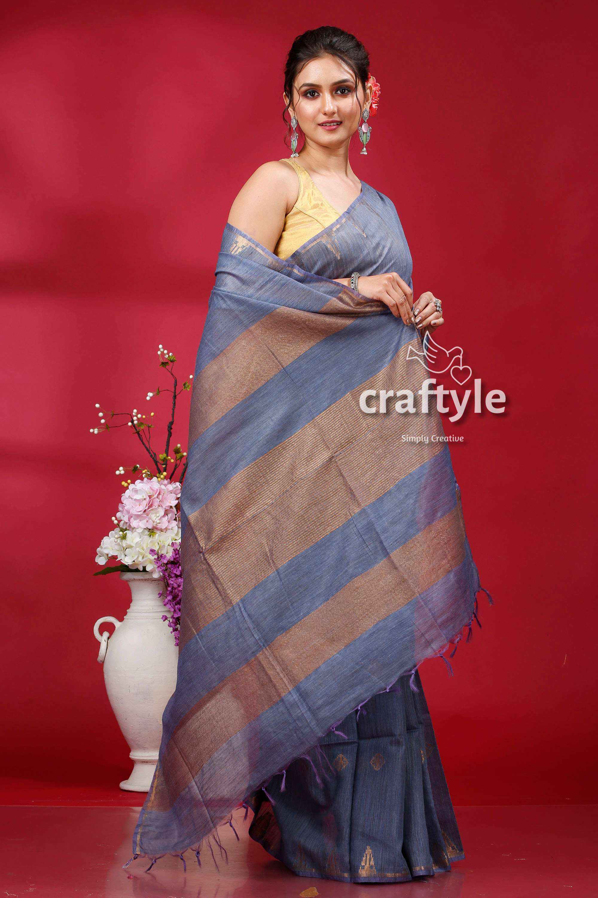 Shadow Blue Bhagalpuri Silk Saree with Golden Zari Weaving - Soft Ghicha Saree - Craftyle